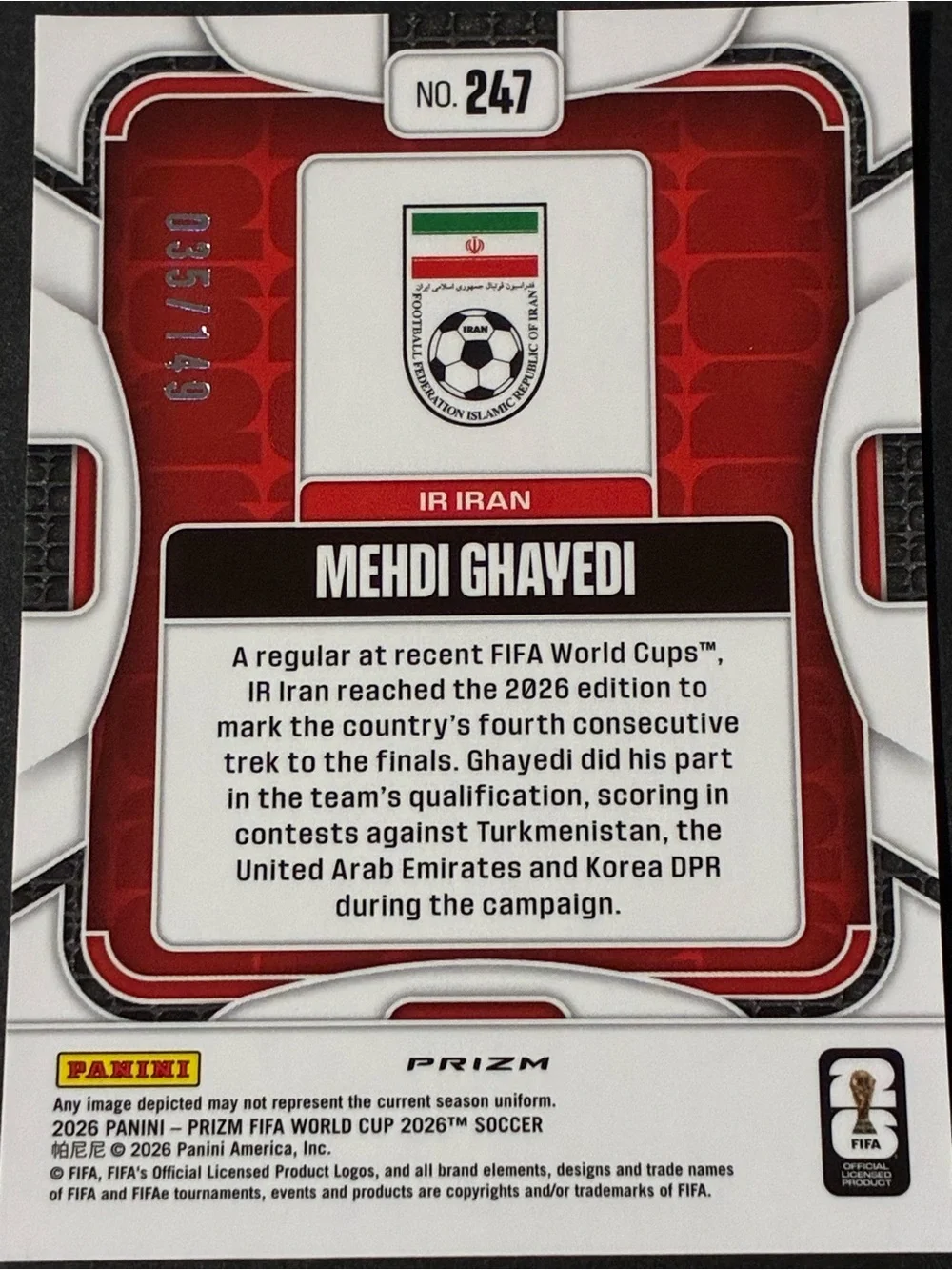 2026 Panini Prizm FIFA World Cup IR IRan Mehdi Ghayedi 035/149 Rookie Card